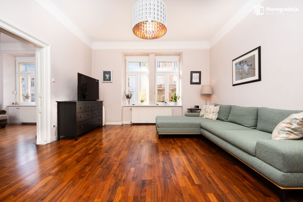 Spacious living room with sofa and wooden flooring