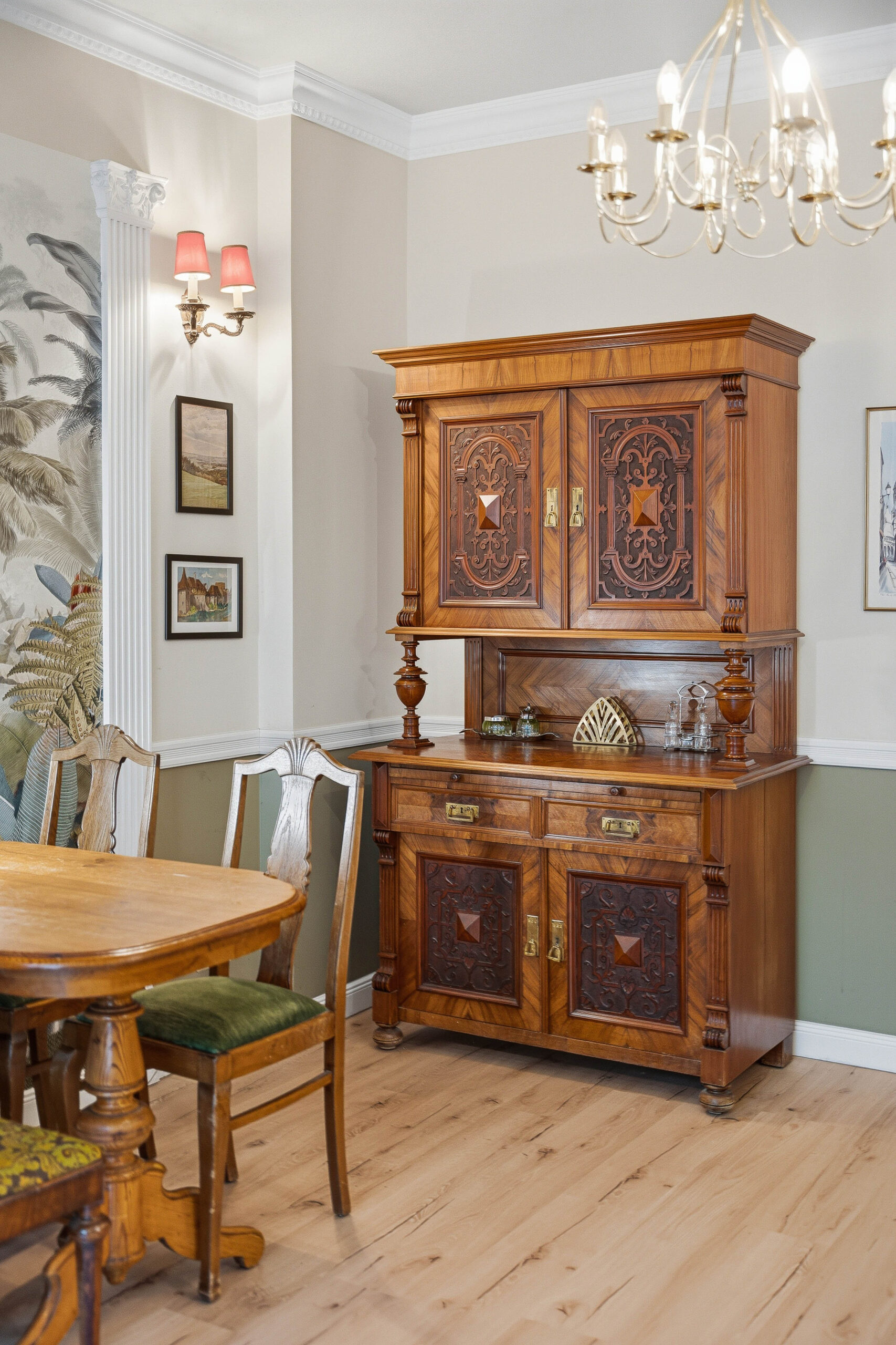 Antique wooden cabinet beside dining table