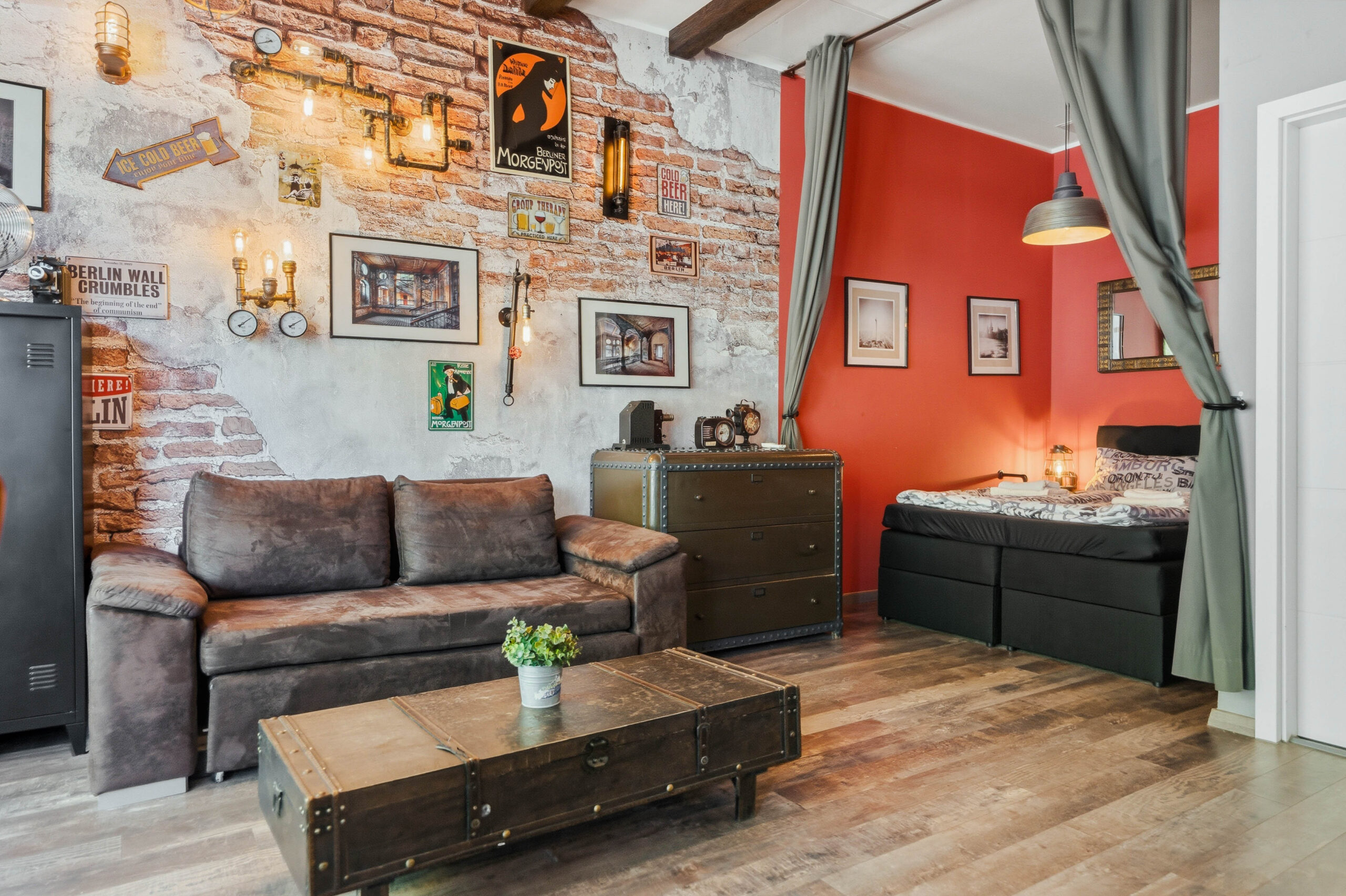Living area with leather sofa and wooden coffee table