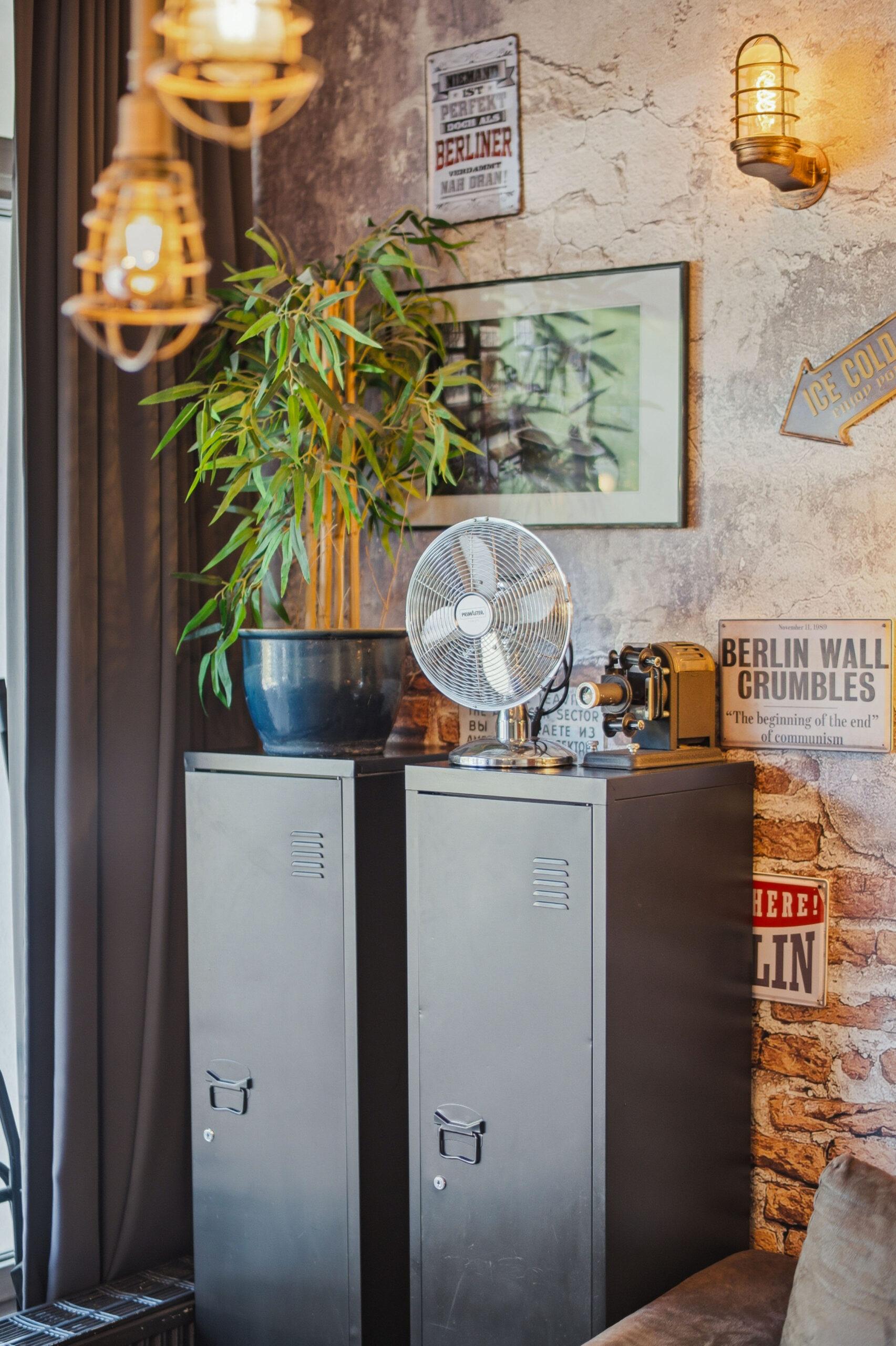 Metal cabinets with plant and vintage decor