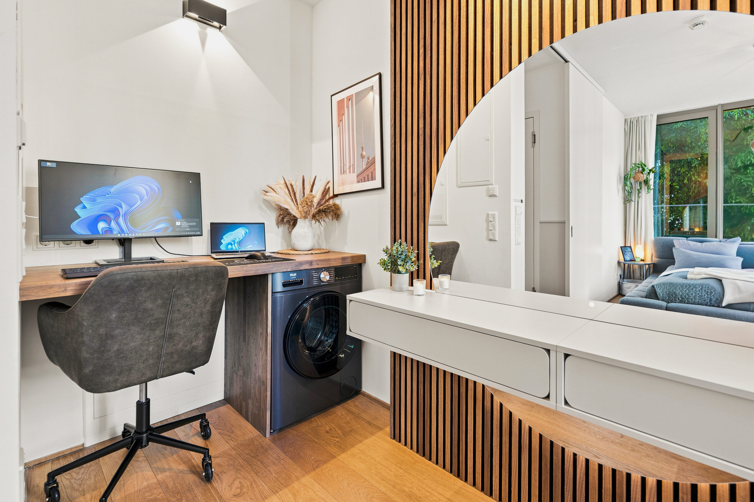 Bedroom workspace with desk, chair, and wooden accent wall