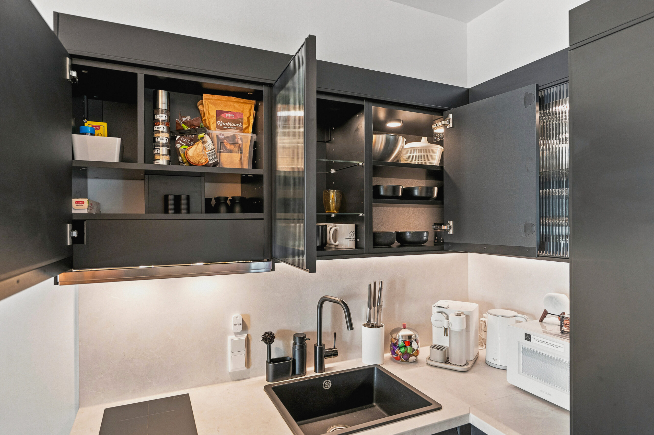 Kitchen cabinet storage with modern organization and appliances