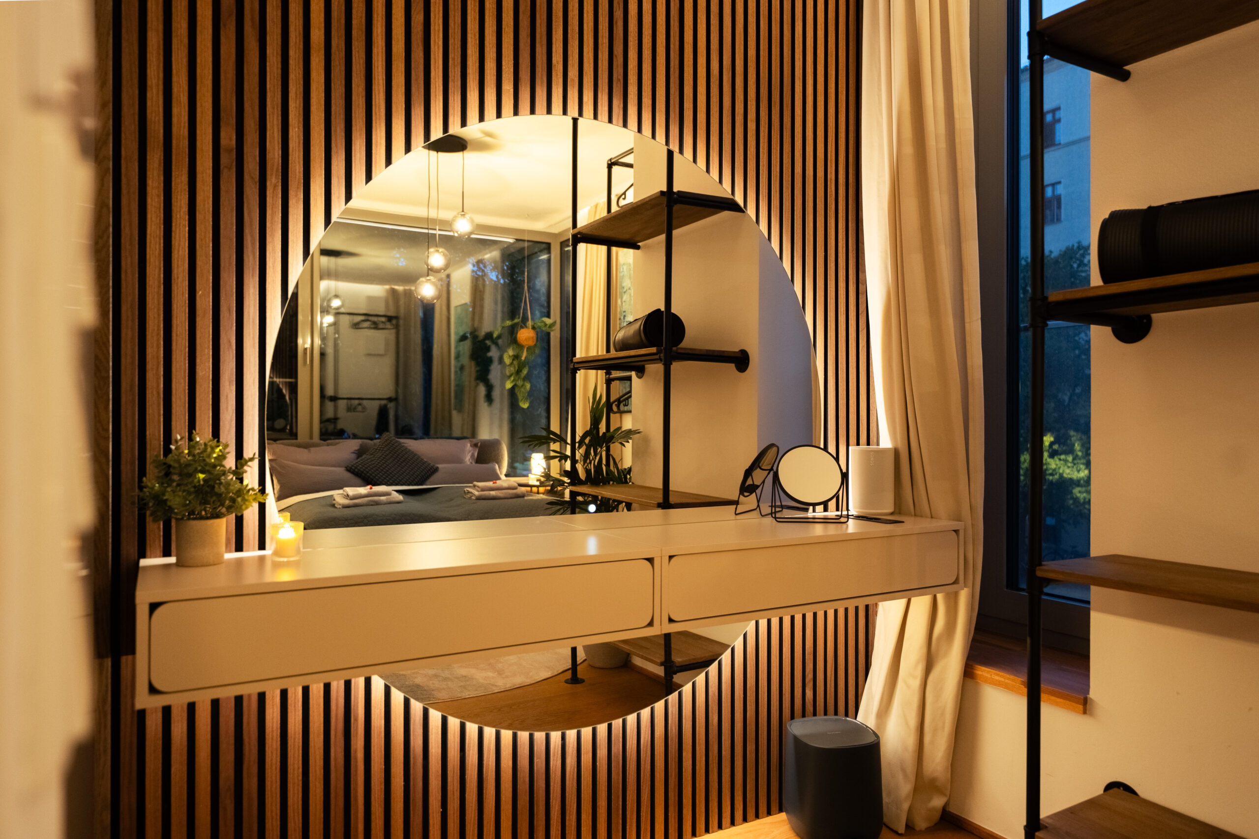 Modern bathroom vanity with mirror and warm accent lighting