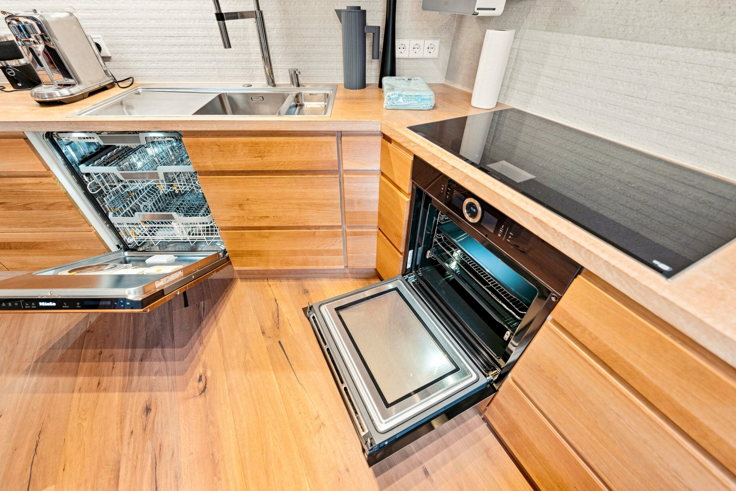 Wooden kitchen counter with built-in drawer and magazine storage