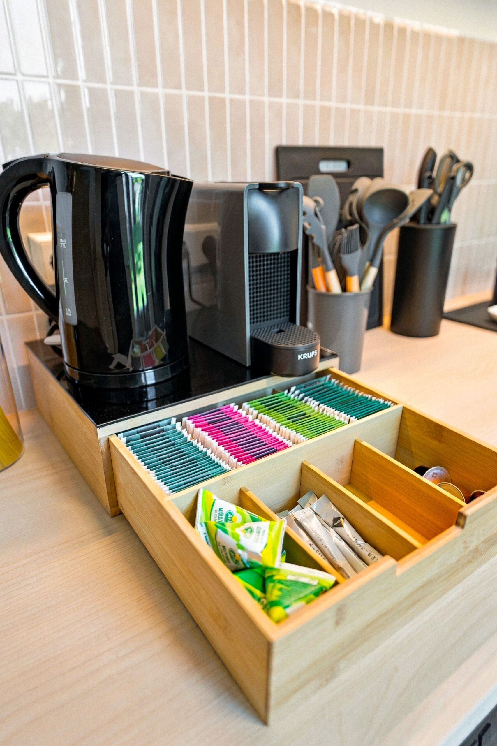 Coffee station with kettle and tea organizer box