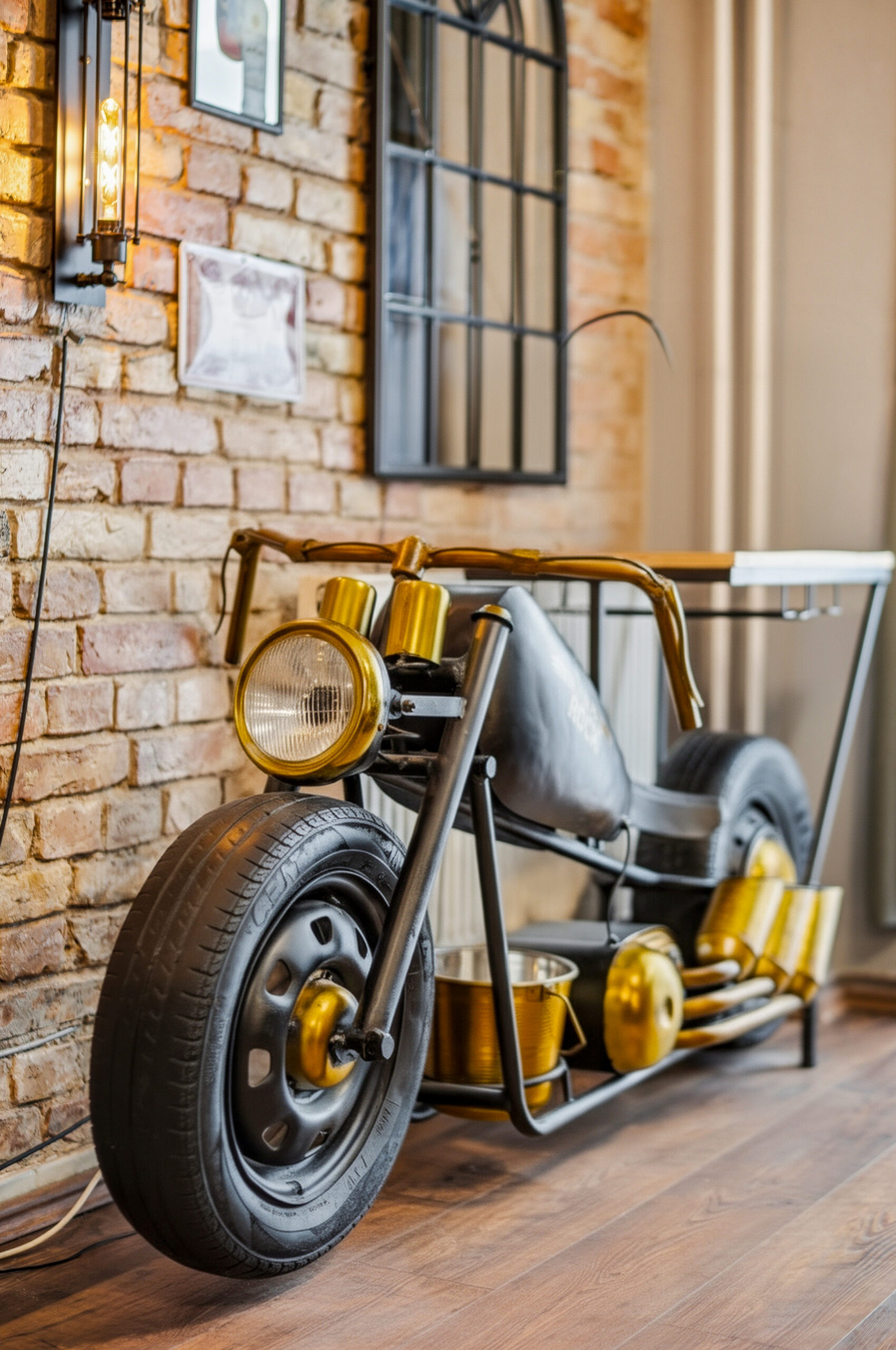 Decorative motorcycle sculpture in living room