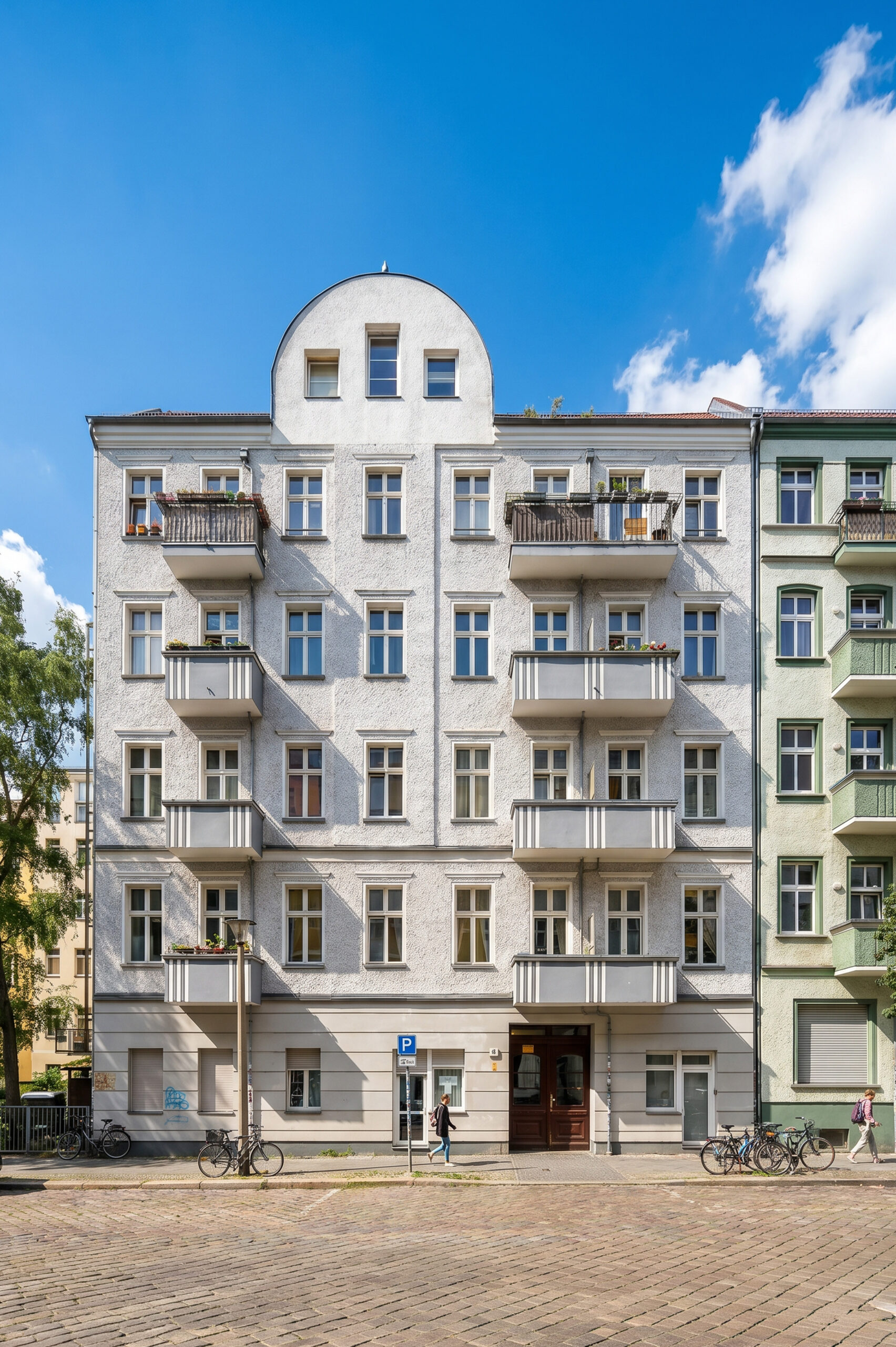 Exterior view of apartment building facade