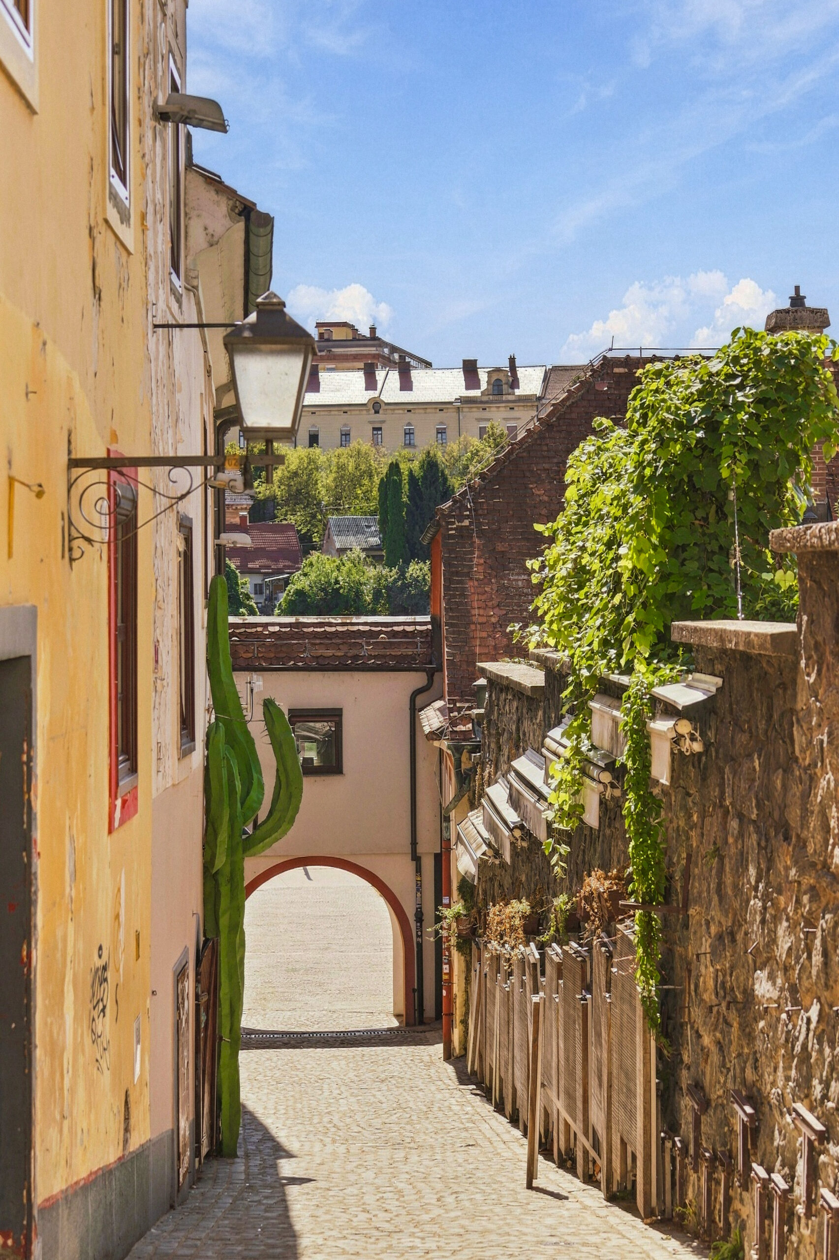 Narrow cobblestone alley with archway