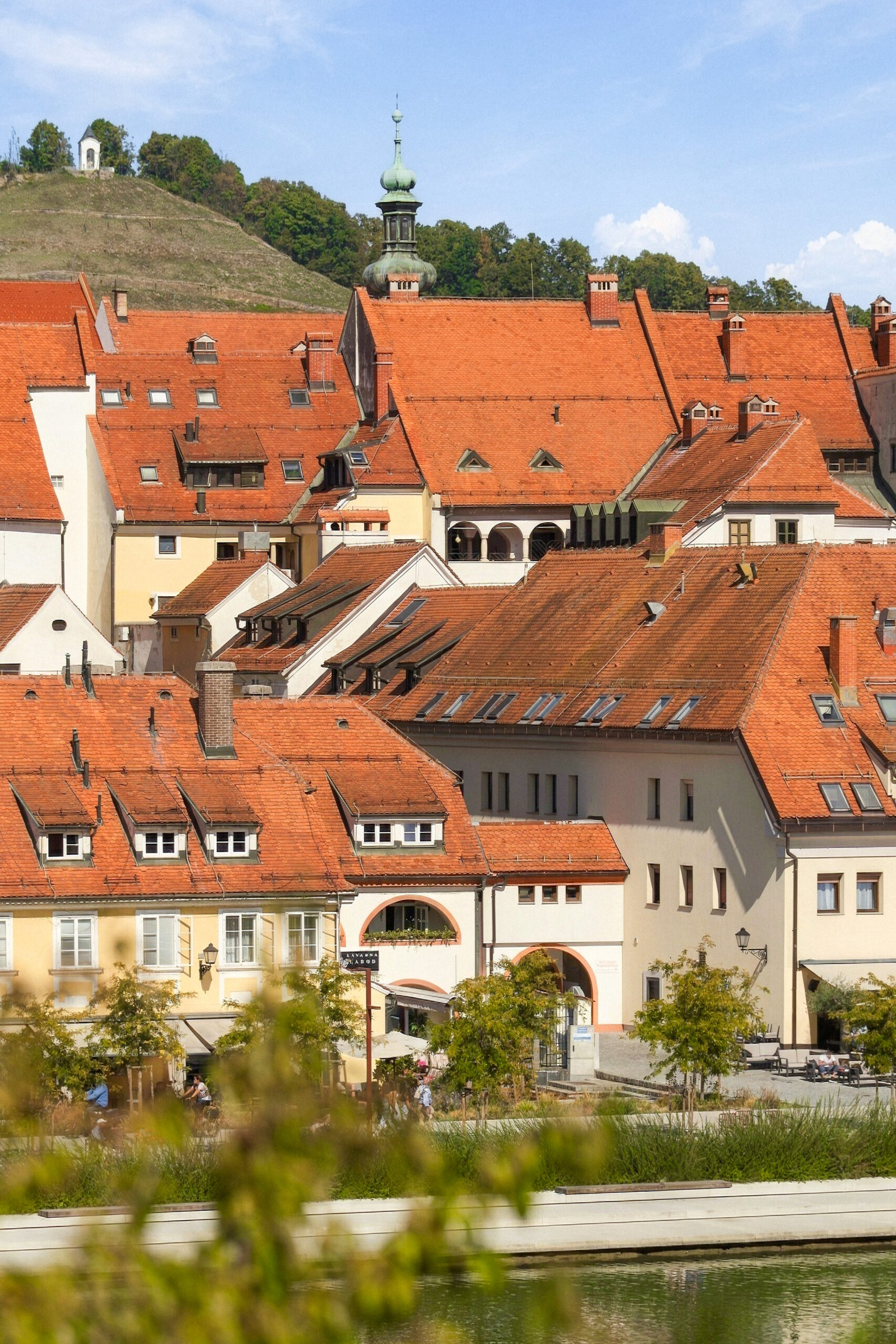 Historic town rooftops viewed from riverside