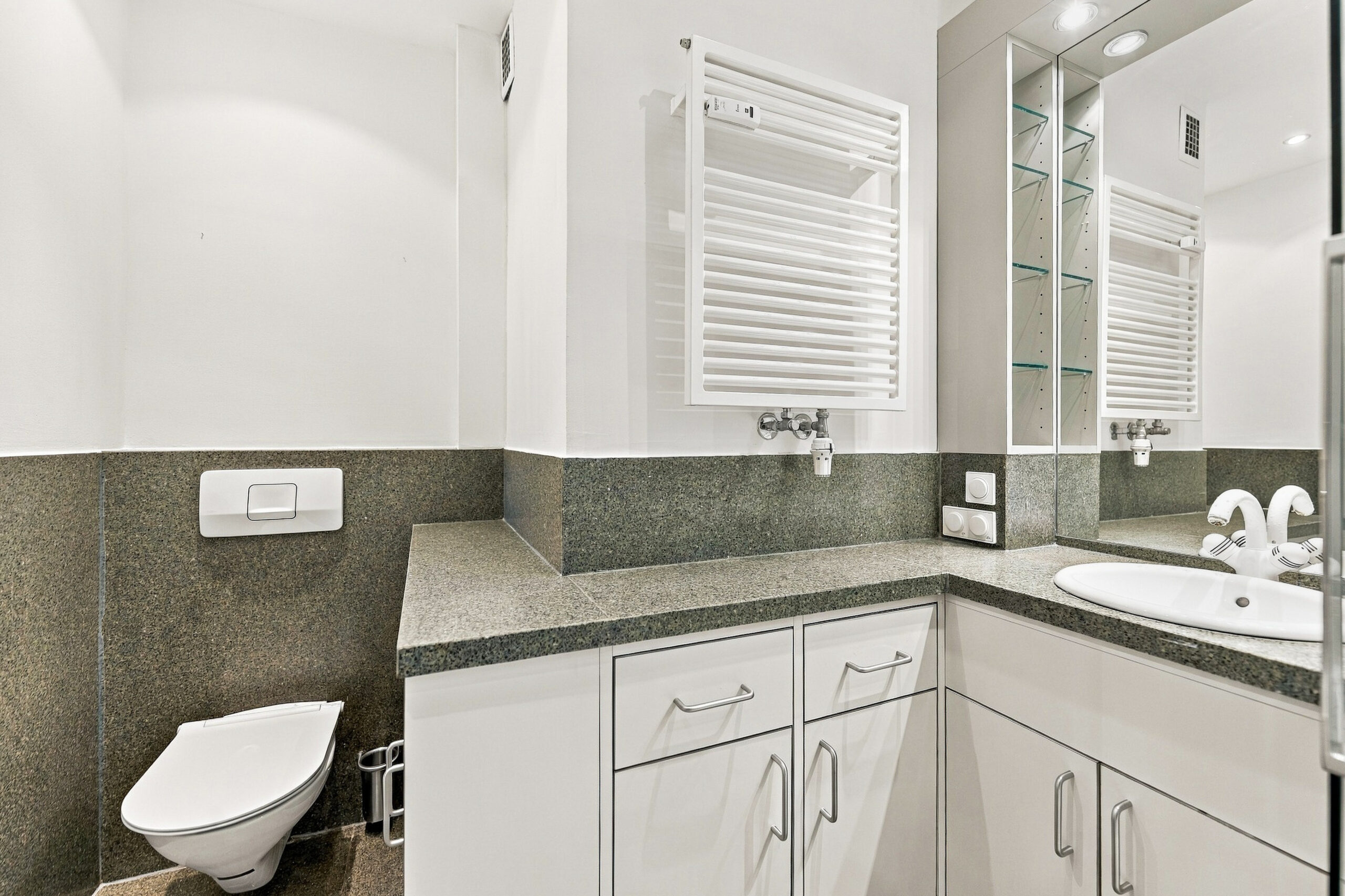 Bathroom with toilet, sink and heated towel rail