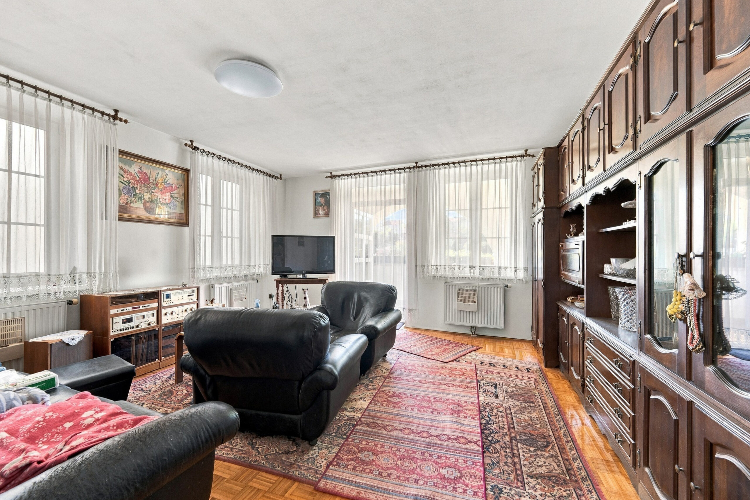 Living room with dark wood cabinet and rug