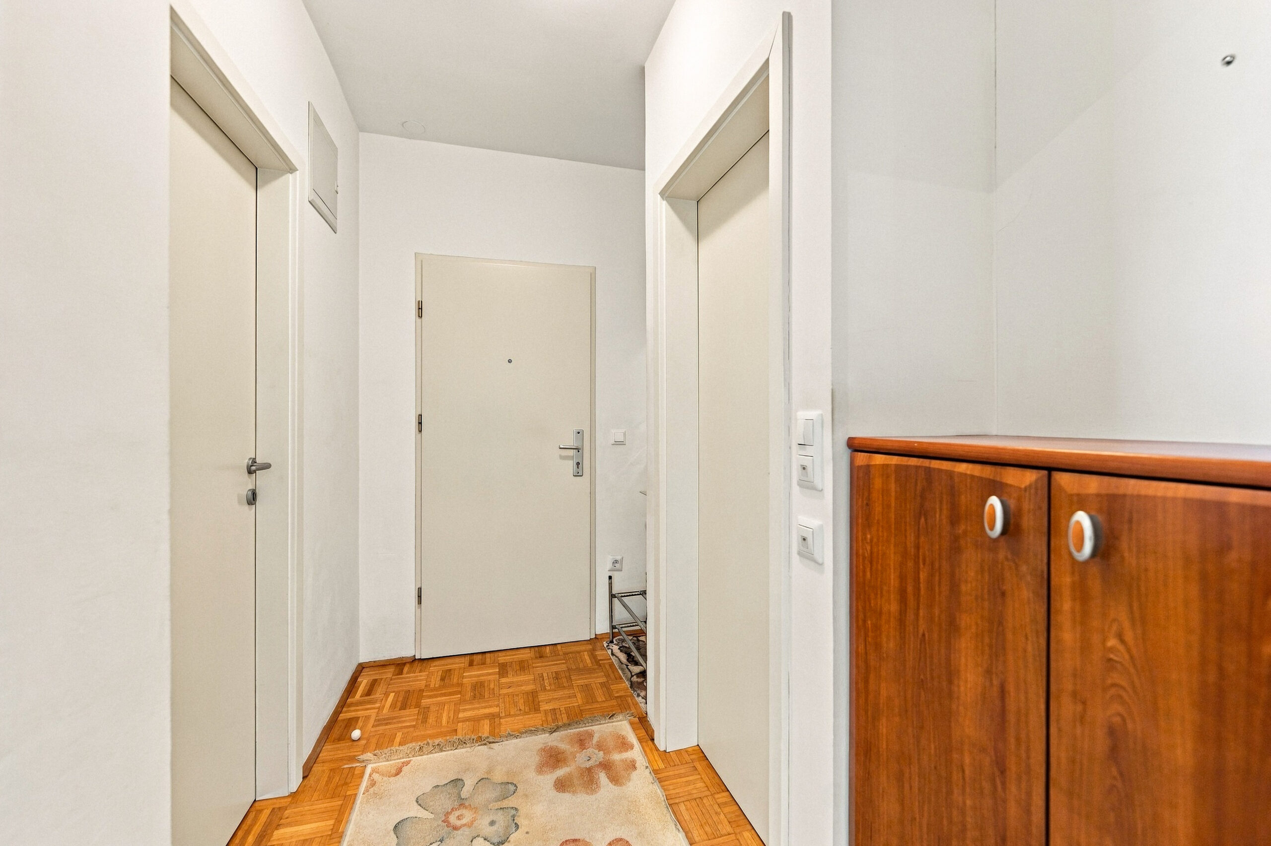 Hallway with wooden doors and parquet flooring